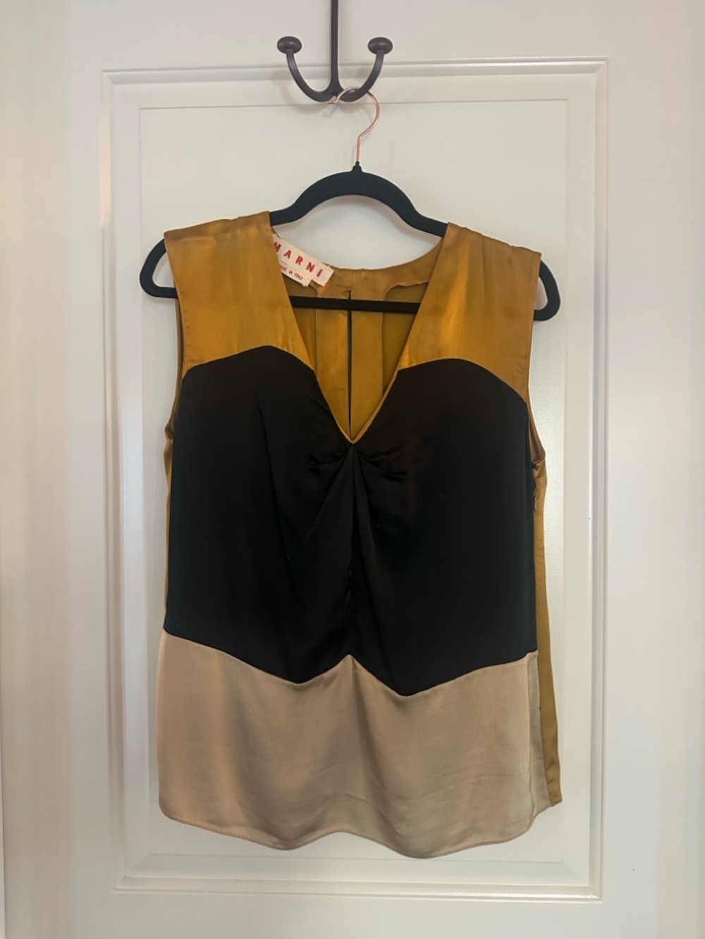 Marni Mustard, Black & Cream Silk Colorblock Sleeveless Top